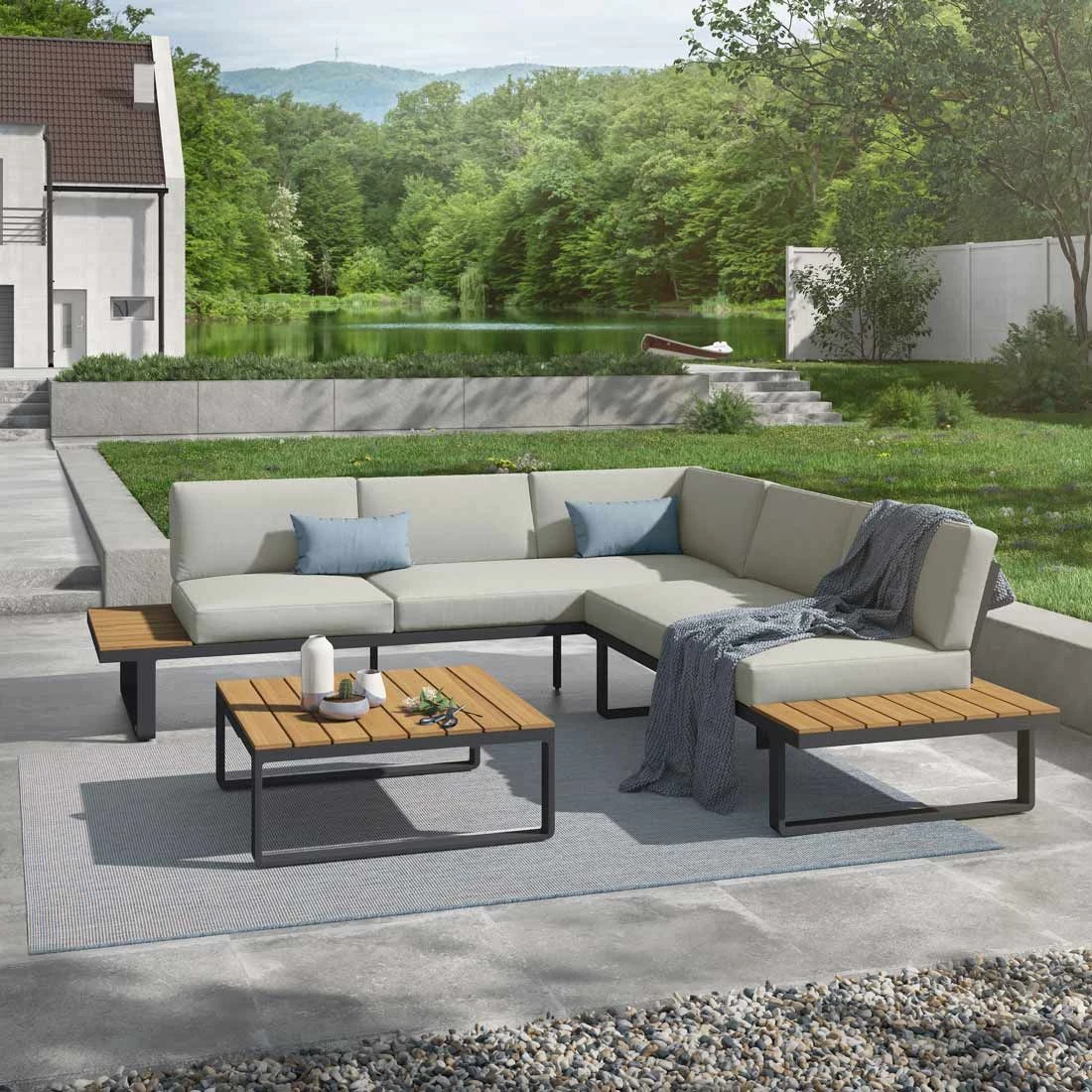 OUTLIV. Albufeira Ecklounge 3-teilig Aluminium/Akazie/Polster Schwarz/Teaklook/Royal Stone Grey OUTLIV. Albufeira Ecklounge 3-teilig Aluminium/Akazie/Polster Schwarz/Teaklook/Royal Stone Grey -Outliv 931813 1