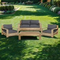 OUTLIV. Castello Loungeset 4-tlg. Recycelt Teak/Sunproof Natur/Dunkelgrau