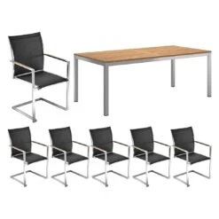 OUTLIV. Kreta Gartenmöbelset 7-tlg. Freischwinger Mit Tisch 220x100cm Silber/Coal